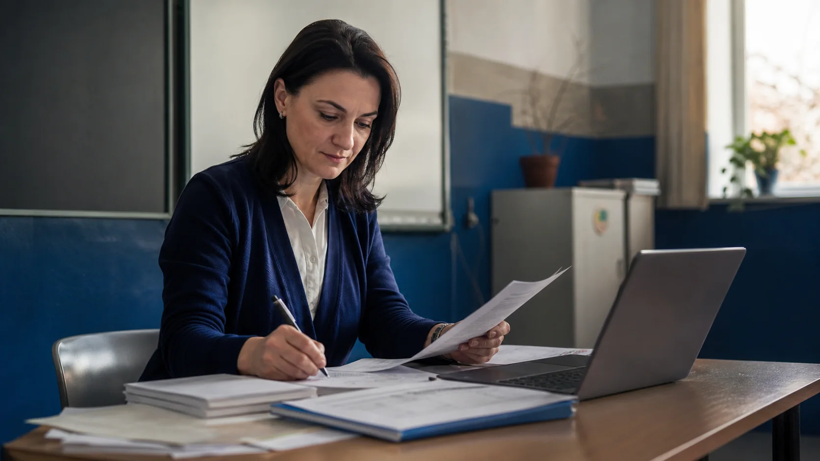Profesoară pregătind o lecție într-o sală de clasă din România