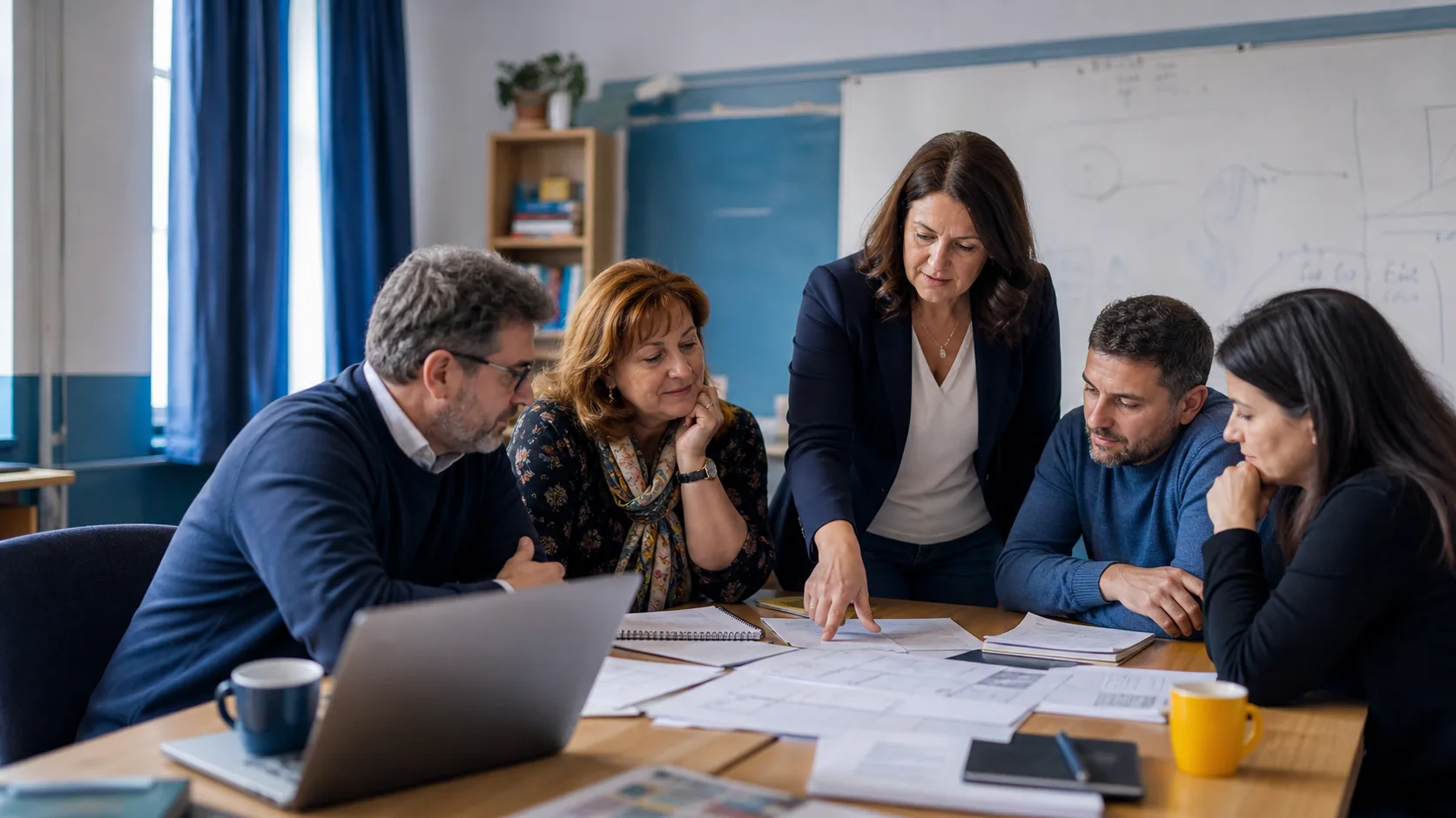 Echipă de profesori planificând împreună într-o școală din România